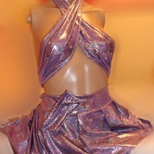 💜 Jasmina Set: Swarovski Crystal Top, High-Waist Metallic Mini Skirt & ThongSet